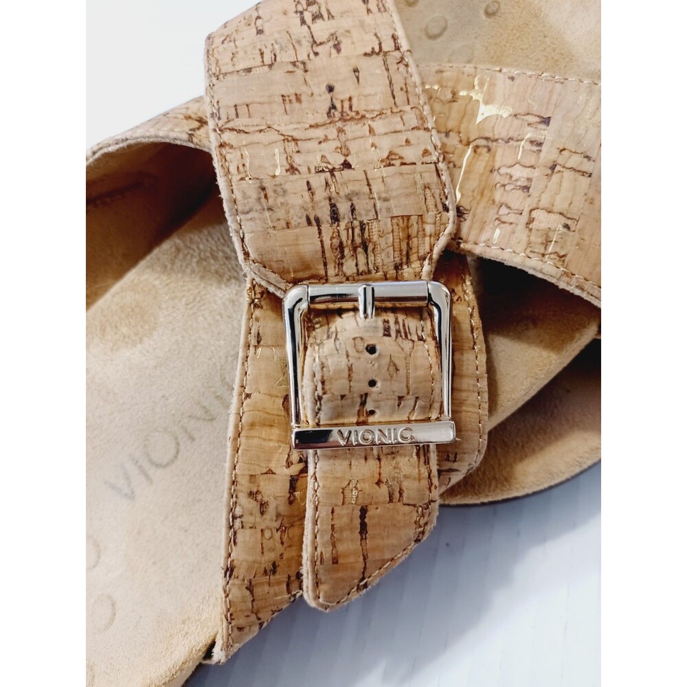 Vionic Cork-Textured Cross Strap Slide Sandals in Tan with Gold Buckles - Picture 2 of 7